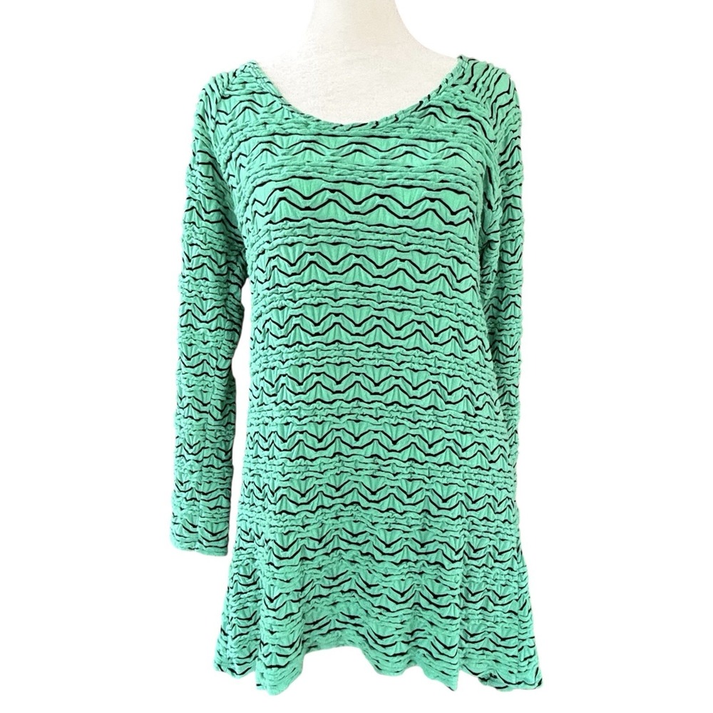 Tianello Artsy Textured Tunic Top Women‎ M Aqua Long Sleeve Crinkle Stretch USA